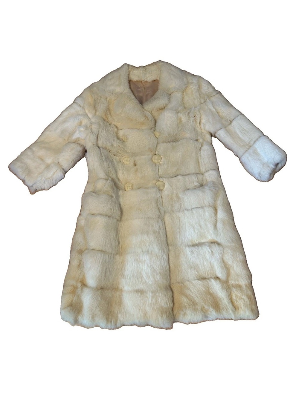 Vintage 60s 70s White Rabbit Fur Coat M Long Mod Glam Real Fur Peacoat